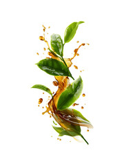 Obraz premium Small green tea leaves with swirling tea splashes