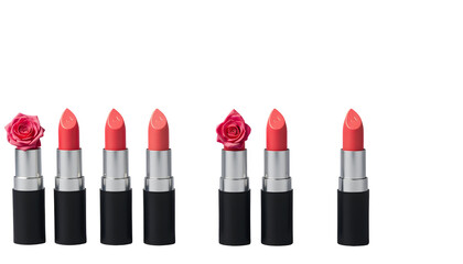 Obraz premium Collection of coral lipsticks and roses on a transparent background