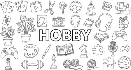 Hobby icon collage featuring sports, art, music, gaming, crafts, reading, and photography symbols for lifestyle and recreation design projects