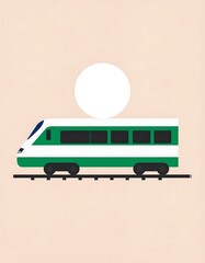 Green Train Traveling on Tracks, Daytime Scene