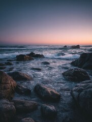 Obraz premium serene seascape at dusk coastal beach photography tranquil atmosphere wide angle natures beauty