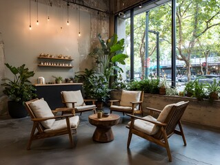 Obraz premium A relaxed and cozy waiting room with wooden chairs and indoor plants beside a large window in daytime.