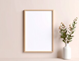 Minimalist Wooden Frame Mockup with Green Plant on Pastel Wall