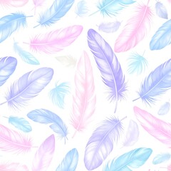 Pastel Feather Pattern, Seamless Design, White Background