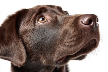 Fototapeta premium Close-up of a chocolate Labrador puppy's head, looking upward with intense focus