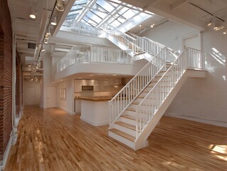 Obraz premium A bright, spacious loft interior features white staircase and kitchen beneath a large skylight for modern living.