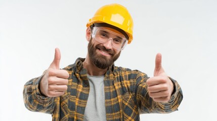 profession construction and building  happy smiling male worker or builder in helmet and goggles showing thumbs up over white background no logos no brands ar 169