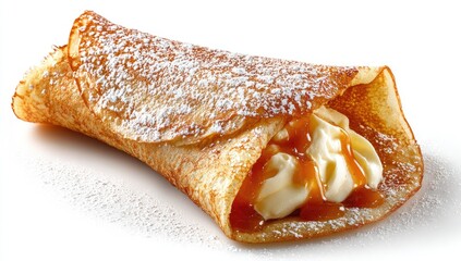 A golden-brown crepe, filled with creamy white filling and caramel sauce, dusted with powdered sugar