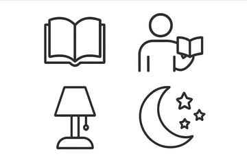 Bedtime story line icon set. Storytelling and reading concept. Open book, storyteller figure, bedside lamp, night moon and stars. Sleep routine pictogram collection. Vector symbols.