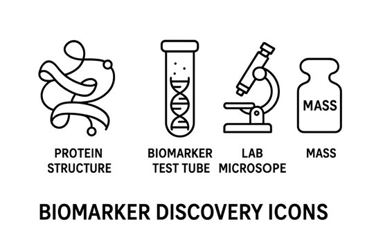 Biomarker discovery outline icon set. Vector icons of protein structure, DNA biomarker in test tube, lab microscope, and mass. Science, medicine, research, biotechnology concept.