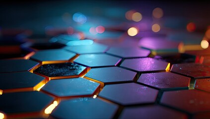 Abstract hexagonal patterned surface with vibrant lighting