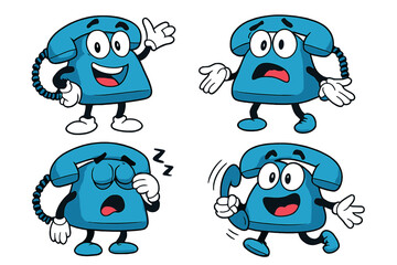 Retro phone character mascot set. Collection of vintage cartoon telephones with various emotions. Happy, confused, sleeping, running characters. Communication concept vector.