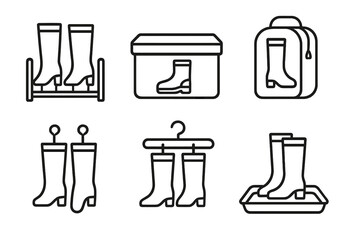 Boot storage solutions icon set. Shoe organization concept. Vector line art collection. Includes boot rack, box, bag, hanger, shaper, tray. Closet and entryway household items.