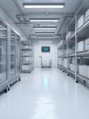 Naklejka premium a clean modern cold storage room with metal shelving and cooling units featuring a digital icon overlay of a storage cart