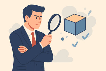 Business case study and marketing research concept. Businessman analyzes a product prototype or competitor with a magnifying glass. Searching for strengths and weaknesses.