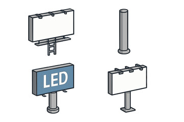 Isometric billboard advertising icon set. Blank outdoor marketing signs and LED screen for commercial promotion. Vector illustration collection of empty street advertisement mockups.