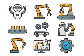 Fototapeta premium Robotic icon set for industrial automation. Manufacturing technology with robot arm, conveyor belt, AI control. Vector collection for industry 4.0, smart factory concepts.