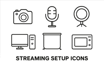 Streaming setup outline icon set. Vector line art symbols for streamer, vlogger, and gamer gear. Includes camera, microphone, ring light, PC, green screen, capture card.