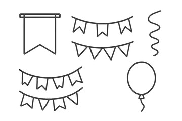 Party decoration outline icon set. Celebration and event elements collection. Vector line art of banner, flag, pennant, bunting, garland, streamer, and balloon for festive design.