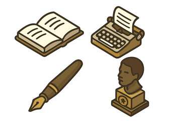Black literature icons set. Isometric vector illustration of book, typewriter, pen, and literary award. African American author and Black history month cultural heritage concept.