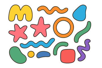 Set of colorful abstract shapes. Playful cartoon doodle elements for graphic design. Modern retro 90s style geometric and organic forms. Vector illustration isolated on background.