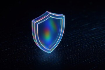 Fototapeta premium Colorful Transparent Shield Icon on Dark Background with Rainbow Reflections and Subtle Texture for Security and Protection Concepts
