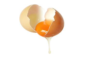 Cracked chicken egg with dripping yolk isolated on a transparent background cracked egg