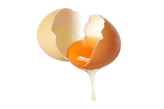 Cracked chicken egg with dripping yolk isolated on a transparent background cracked egg