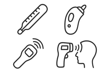 Body temperature icons set. Medical thermometer types for fever check. Outline vector illustration of digital, infrared non-contact, ear and forehead scanner for health monitoring.