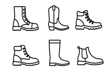 Boot icon set. Collection of footwear in thin line style. Vector illustration of different boot types: combat, cowboy, hiking, work, rain and Chelsea boots. Linear design.