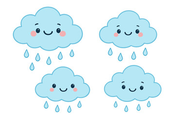 Set of cute cartoon cloud characters with smiling faces and raindrops. Kawaii weather icons collection for kids, baby shower, and nursery decor. Vector illustration isolated.