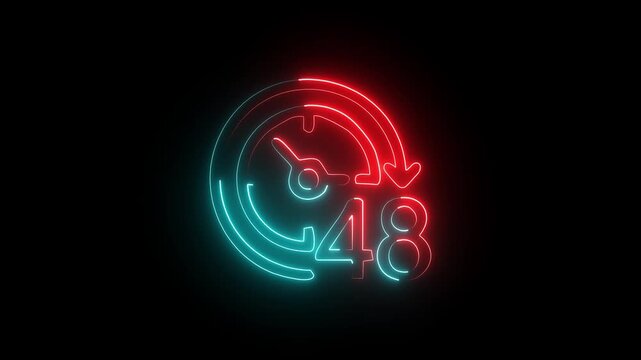 Futuristic glowing neon countdown of 48 hours, digital clock display with urgency and pressure concept, modern time design, 4k illuminated video on black background.