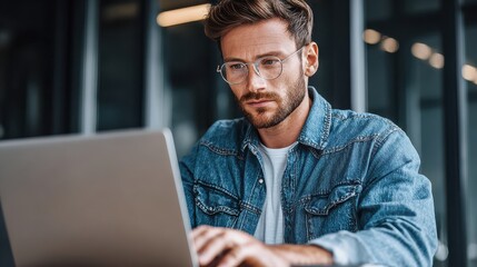 serious male model wears denim shirt and glasses checks emails online uses modern laptop computer works remotely on project uses free wifi keeps hands on keyboard communicates with partners no logos 