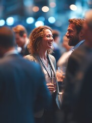 business professionals networking at a corporate event engaged in conversations with a blurred background highlighting the dynamic collaborative environment of the event