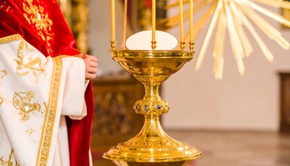 Priest in church near golden chalice