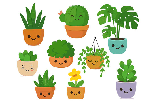 Set of cute kawaii potted plant characters. Vector collection of happy, smiling houseplants, cactus, monstera, and succulents. Cartoon icons for kids. Indoor gardening concept.
