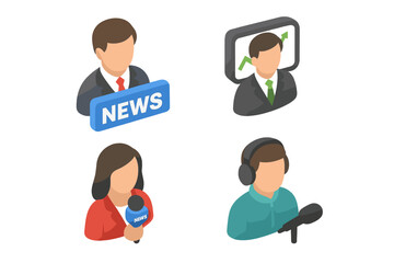 Isometric broadcast icon set. News anchor, reporter, financial analyst, and commentator avatars. Vector illustration for journalism, media, and television concepts.