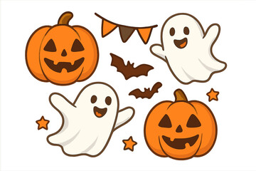 Cute Halloween cartoon character set. Collection of spooky fun elements for kids party. Vector ghost, jack o'lantern pumpkin, bat. Autumn holiday decoration sticker design.