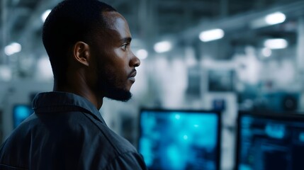 Engineer monitoring  powered hines in a high tech factory floor