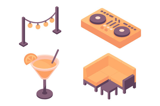 Rooftop party isometric icon set. Sunset lounge vibe with a DJ mixer, cocktail, sofa, and string lights. Vector graphic element for an event, celebration, bar, or music festival.