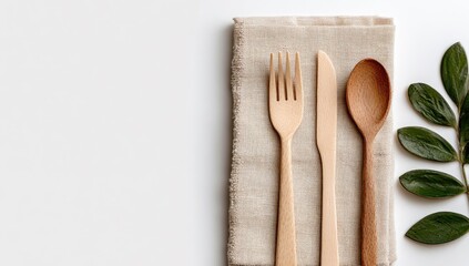 Wooden cutlery, napkin, and leafy sprig arrangement on white backdrop