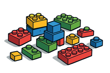 Colorful building blocks for kids play. Constructor toy for children game. Plastic construction set for creative development. Vector cartoon illustration isolated on white background.