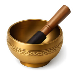 3d icon of golden singing bowl with wooden striker isolated on transparent background for meditation