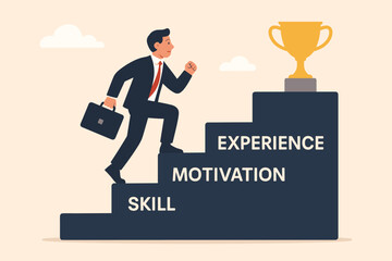 Skill development for career growth to success. Businessman climbs leadership ladder with motivation and experience. Job improvement concept for achieving goals and winning a trophy.