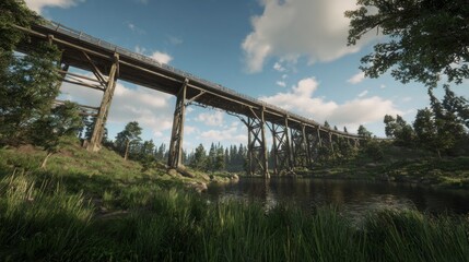 Fototapeta premium Wooden bridge over tranquil waterway