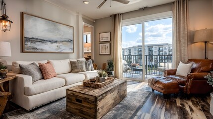 Fototapeta premium An inviting living room showcases stylish decor with a comfortable sofa and a large window view outside.