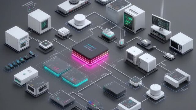 Isometric 3D Render of a Complex Technological Network with Pink and Purple Lights