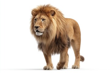 Obraz premium Full shot of a walking lion against white background. Lion's mane is prominent. Animal displays alert posture