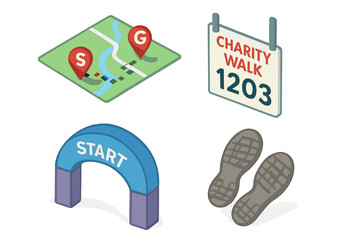 Charity Walkathon Isometric Vector Icons Set. Walking Route Map, Start and Finish Pointers, Participant Number Bib, Archway Start Line, Shoe Print Footsteps. Fundraising, Fitness, Event Design