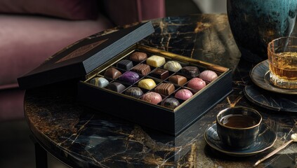 Box of assorted chocolates on a marble table with drinks